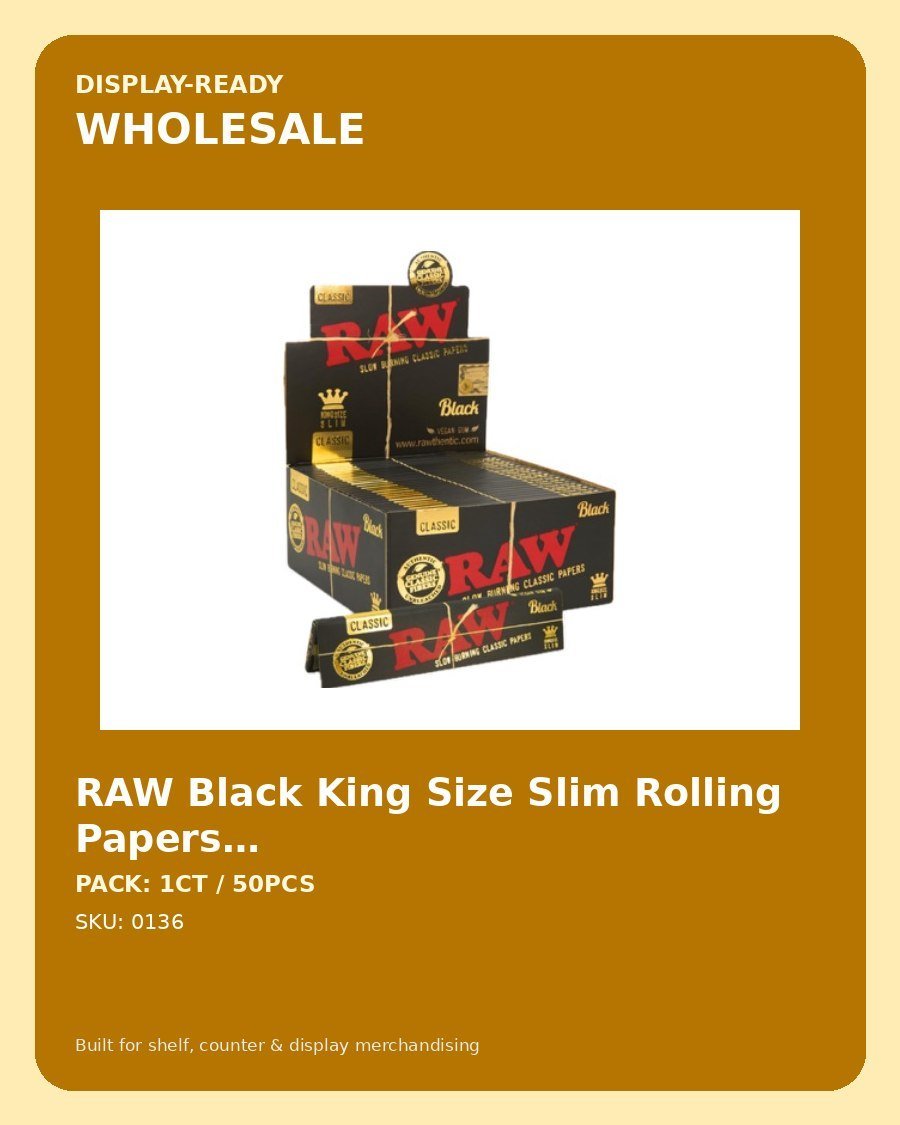 RAW Black King Size Slim Rolling Papers 32 Leaves (Rolling Papers) - wholesale pack and details