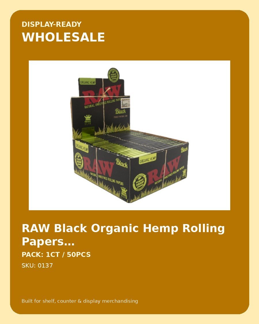 RAW Black Organic Hemp Rolling Papers 32 Leaves (Rolling Papers) - wholesale pack and details