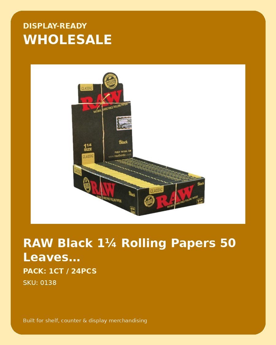 RAW Black 1¼ Rolling Papers 50 Leaves (Rolling Papers) - wholesale pack and details