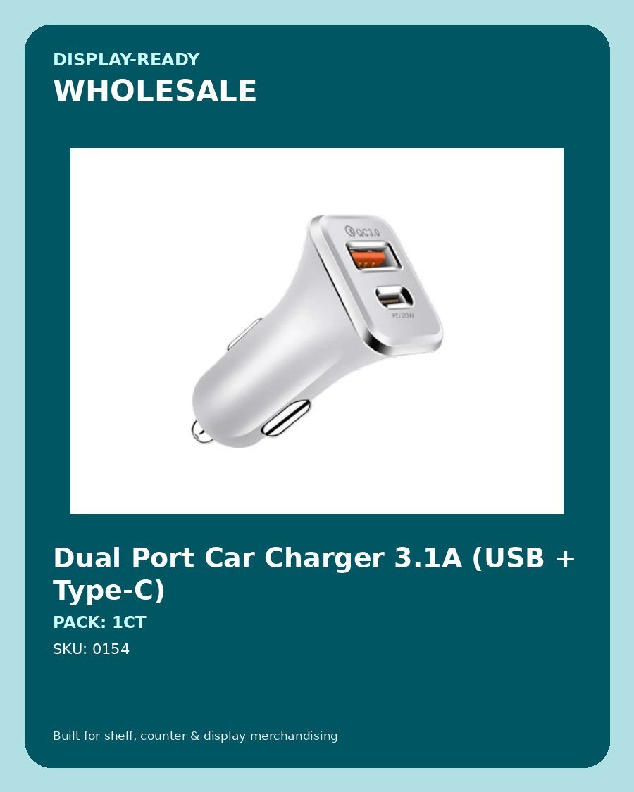 Dual Port Car Charger 3.1A (USB + Type-C) - wholesale pack and details