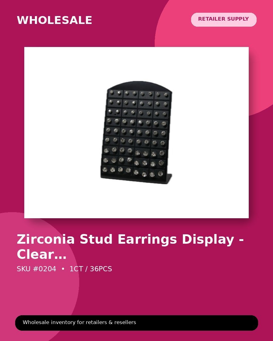Zirconia Stud Earrings Display – Clear Stones, Silver-Tone Setting - wholesale