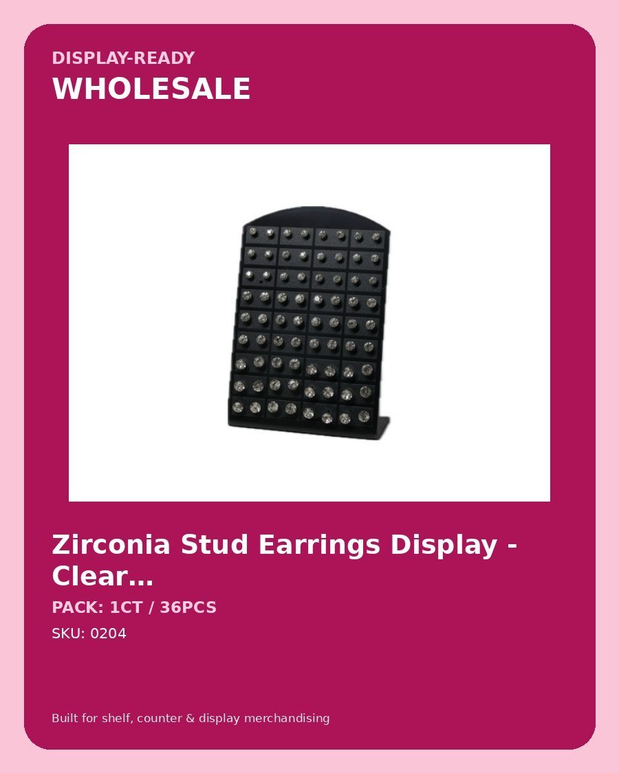 Zirconia Stud Earrings Display – Clear Stones, Silver-Tone Setting - wholesale pack and details