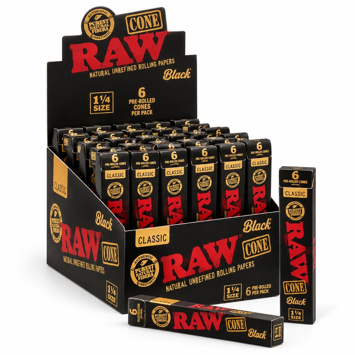 RAW Black 1¼ Pre- Rolled Cones 6pk (Rolling Papers)