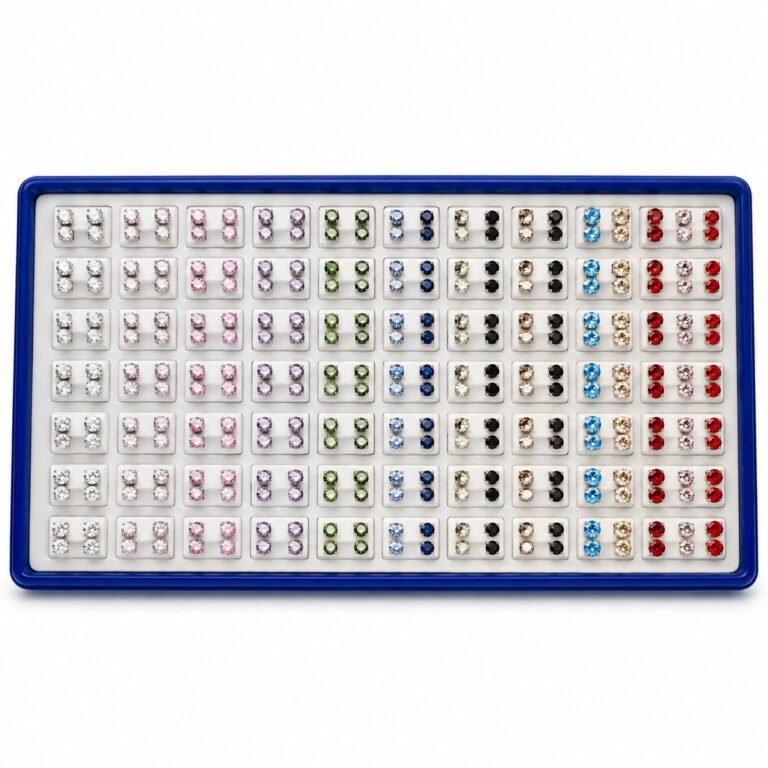 Cubic Zirconia Stud Earrings Display - Assorted Color Stones, Silver-Tone Setting