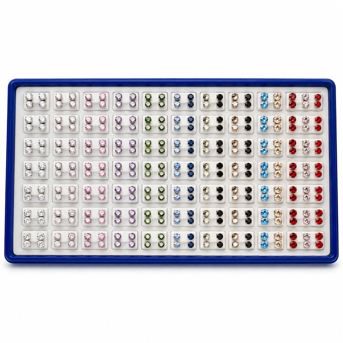 Cubic Zirconia Stud Earrings Display - Assorted Color Stones, Silver-Tone Setting