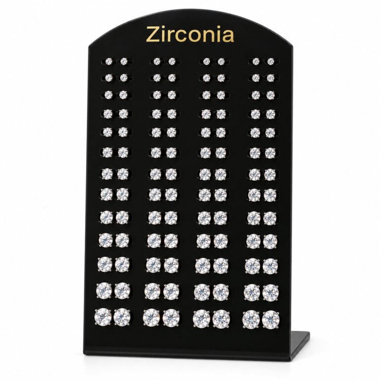 Zirconia Stud Earrings Display - Clear Stones, Silver-Tone Setting