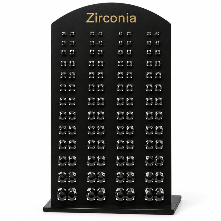 Zirconia Stud Earrings Display - Black Stones, Silver-Tone Setting