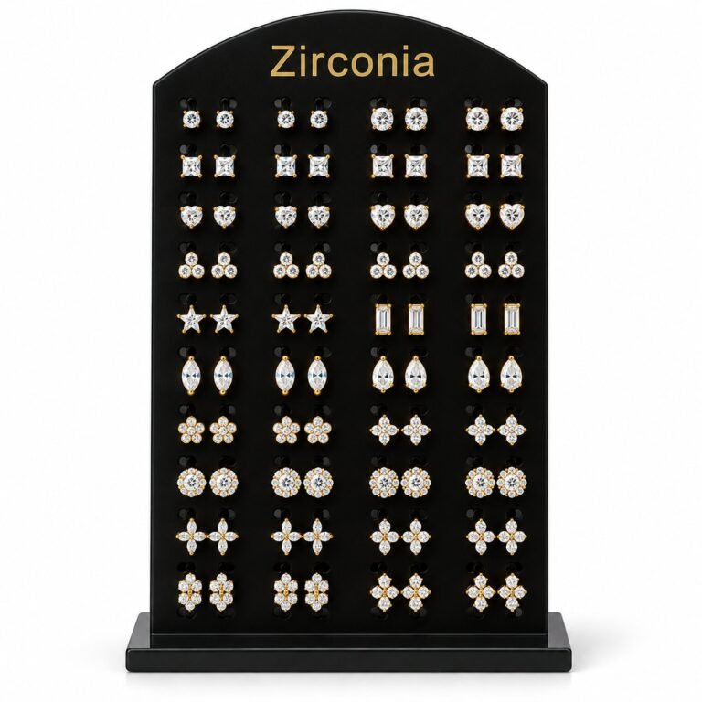 Zirconia Stud Earrings Display - Clear Stones, Assorted Gold-Tone Settings
