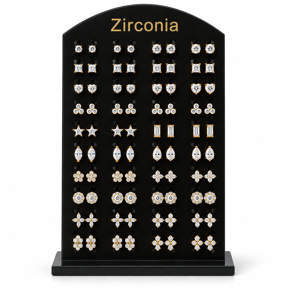 Zirconia Stud Earrings Display - Clear Stones, Assorted Gold-Tone Settings