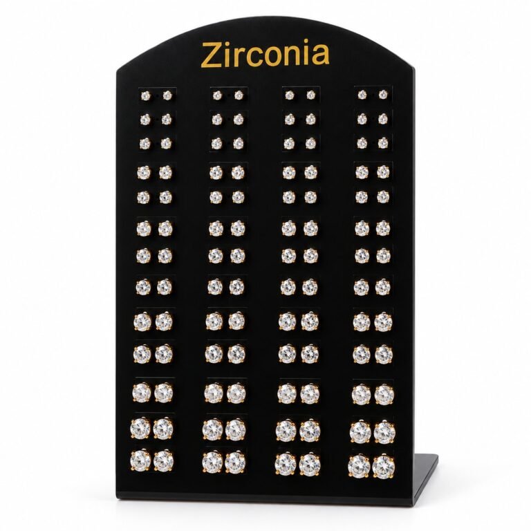 Zirconia Stud Earrings Display - Clear Stones, Gold-Tone Setting
