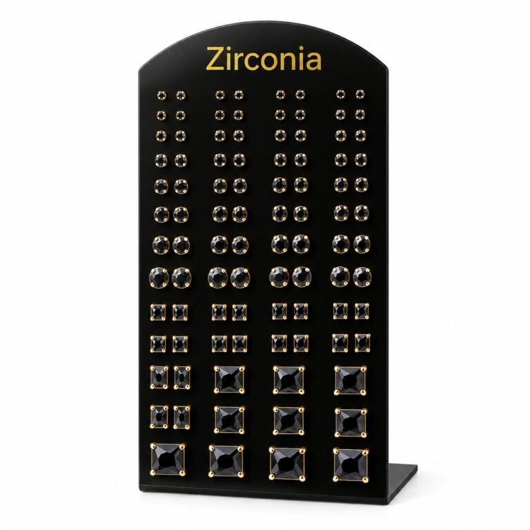 Zirconia Stud Earrings Display - Black Stones, Gold-Tone Setting