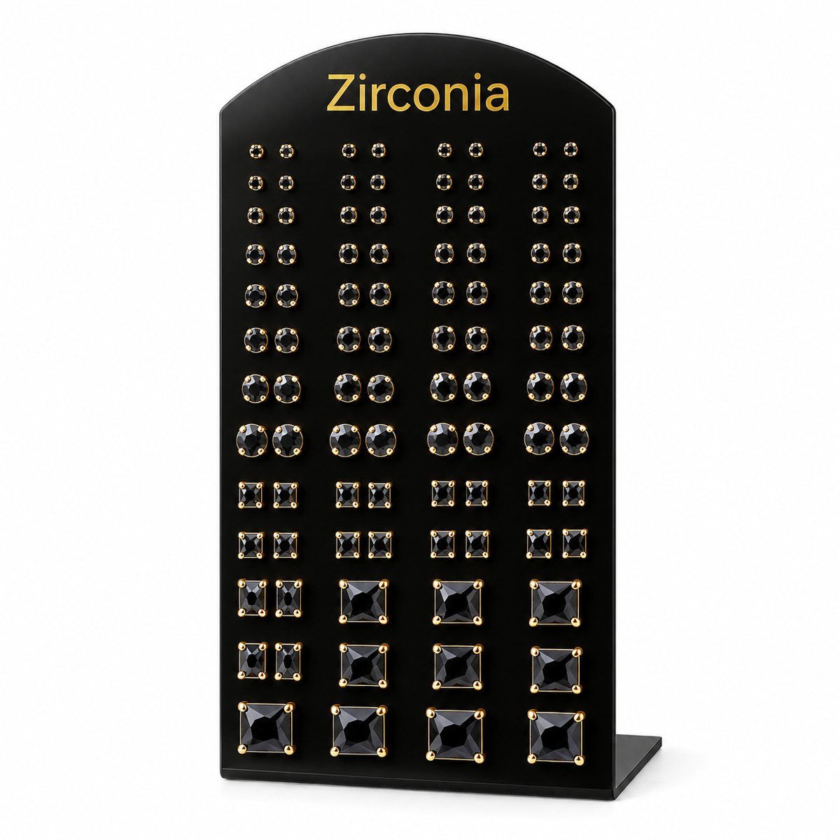 Zirconia Stud Earrings Display - Black Stones, Gold-Tone Setting