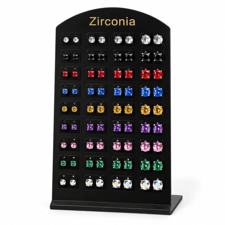 Zirconia Stud Earrings Display - Assorted Colors Stones, Silver-Tone Setting