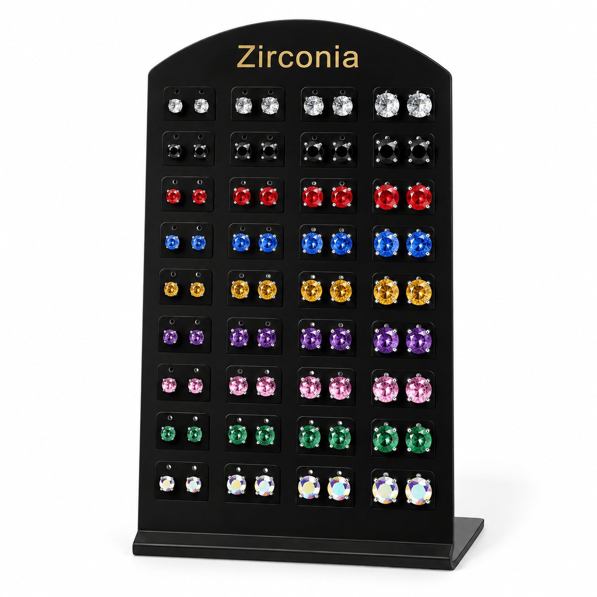 Zirconia Stud Earrings Display - Assorted Colors Stones, Silver-Tone Setting